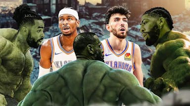 Lakers' D’Angelo Russell, Anthony Davis, and LeBron James as three separate Hulks towering over Thunder’s Shai Gilgeous-Alexander and Chet Holmgren
