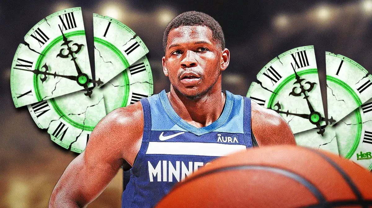 Timberwolves' Anthony Edwards looking serious, with broken clocks around him
