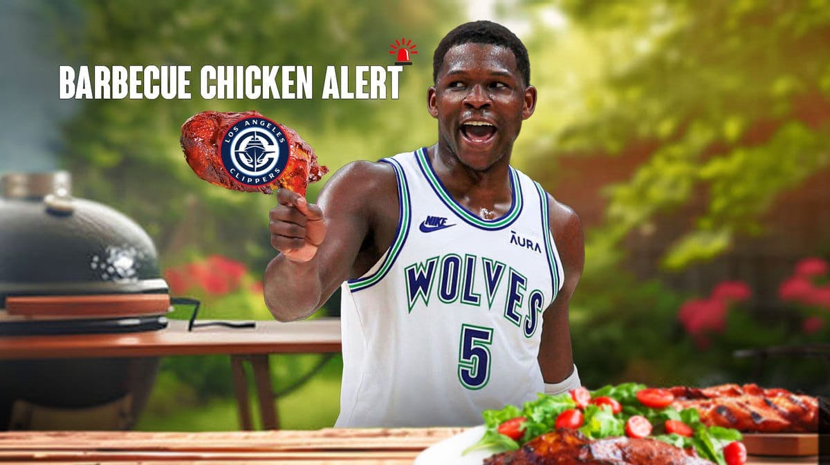 Timberwolves' Anthony Edwards with a grill and chicken barbecue in front of him, with the Clippers logo on the chicken barbecue with caption: BARBECUE CHICKEN ALERT
