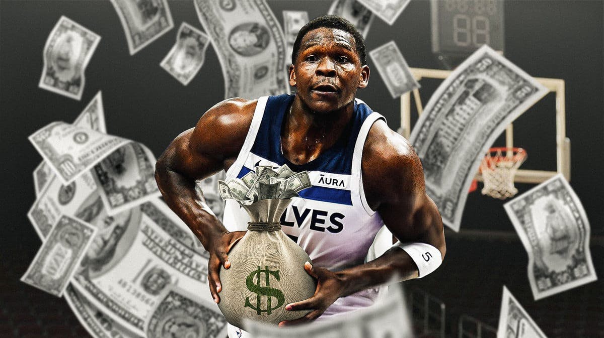Timberwolves' Anthony Edwards holding money bags, with plenty of dollars falling from the sky