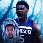 Timberwolves' Anthony Edwards hyped up while holding a tombstone with Jazz’s John Collins' head