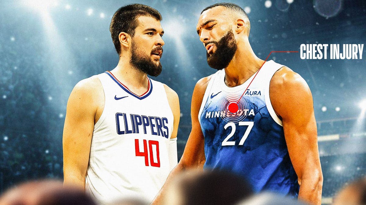 Timberwolves' Rudy Gobert and Clippers' Ivica Zubac looking worried, with a chest injury diagram beside Gobert