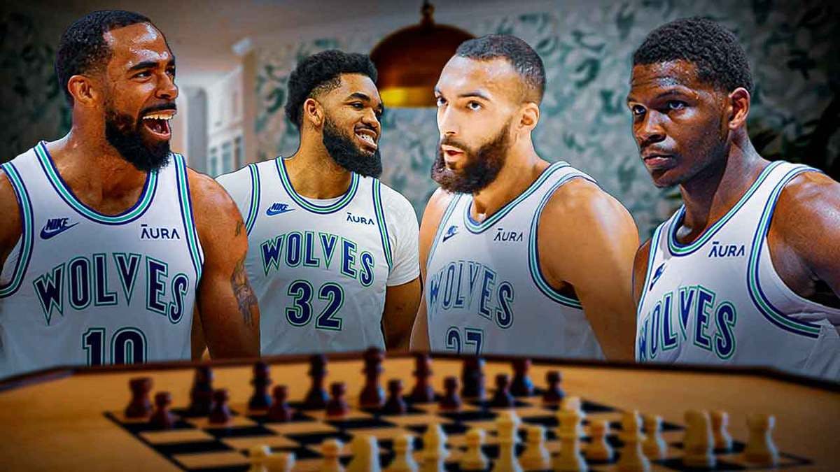 Timberwolves' Mike Conley, Anthony Edwards, Rudy Gobert, and Karl-Anthony Towns playing chess
