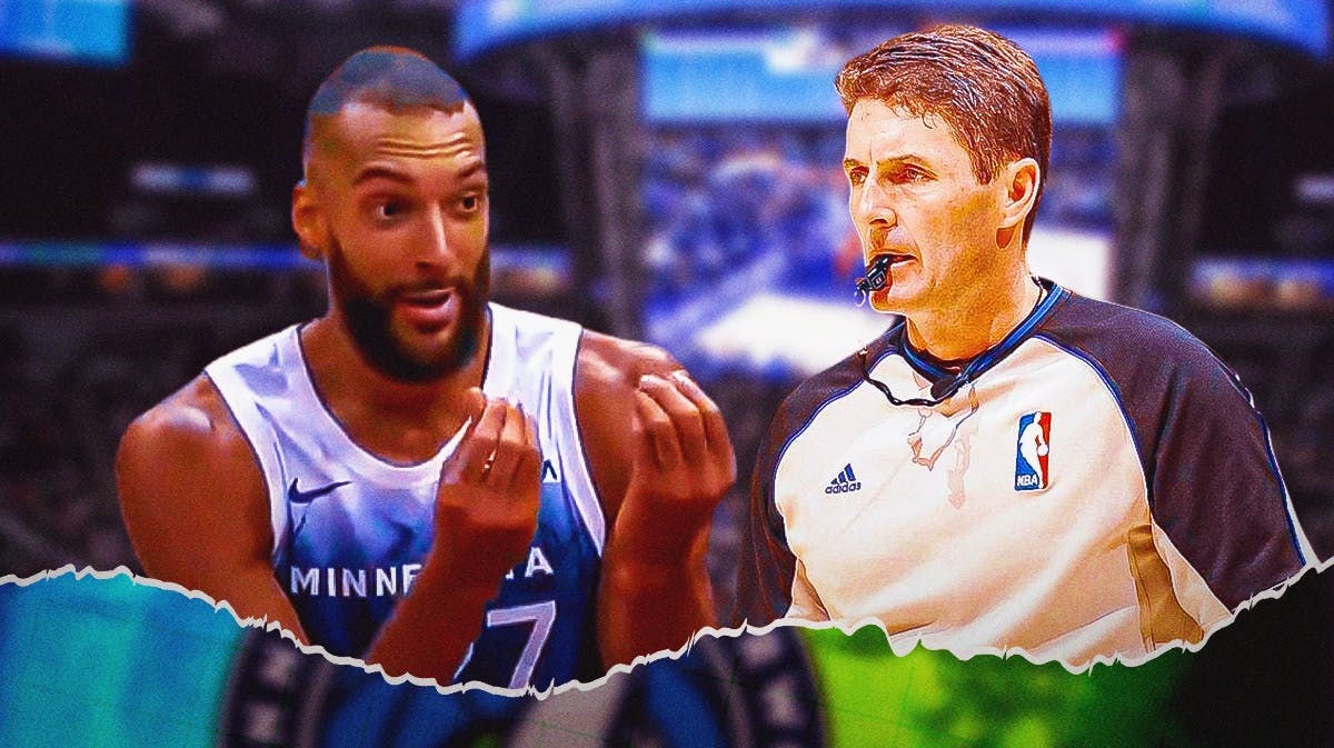 Timberwolves' Rudy Gobert making the money sign (see above) with referee Scott Foster looking angrily at Gobert