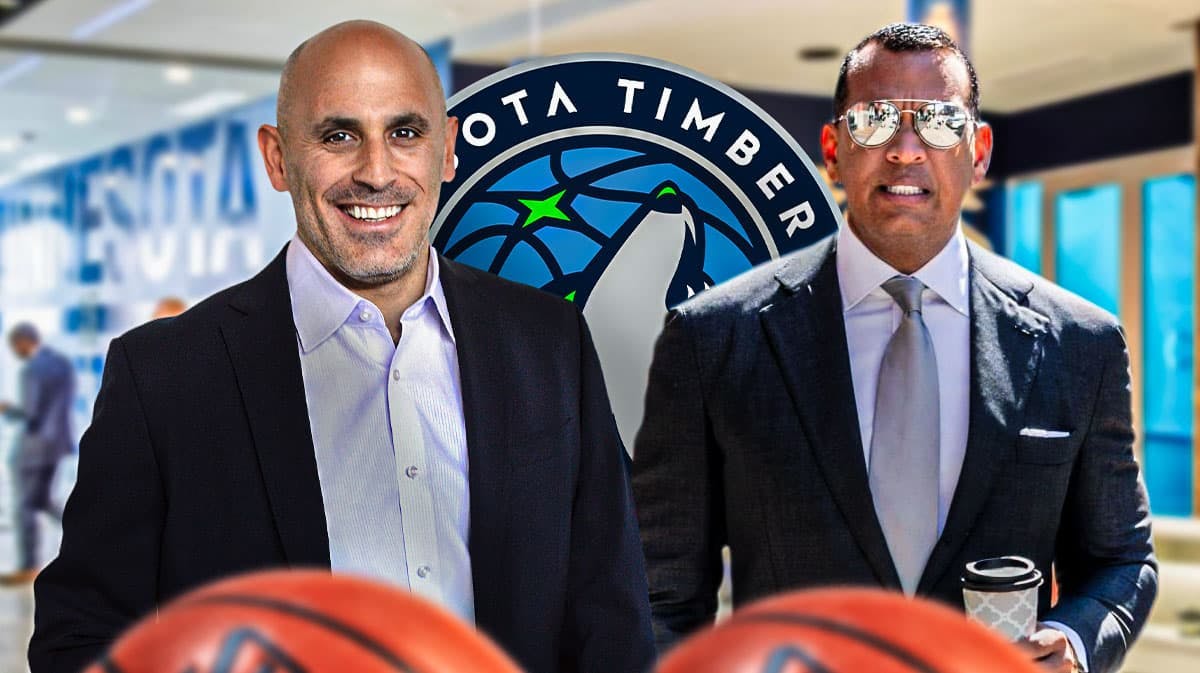 Alex Rodriguez in a suit next to Marc Lore. Minnesota Timberwolves logo next to them