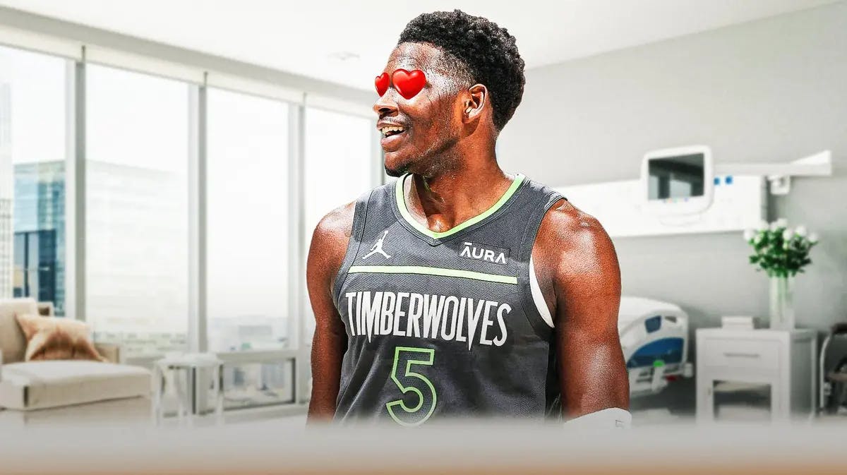 Timberwolves' Anthony Edwards with heart eyes. Hospital in the background