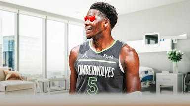 Timberwolves' Anthony Edwards with heart eyes. Hospital in the background