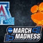Tommy Lloyd, Caleb Love stand behind Arizona basketball and Clemson logos after March Madness loss