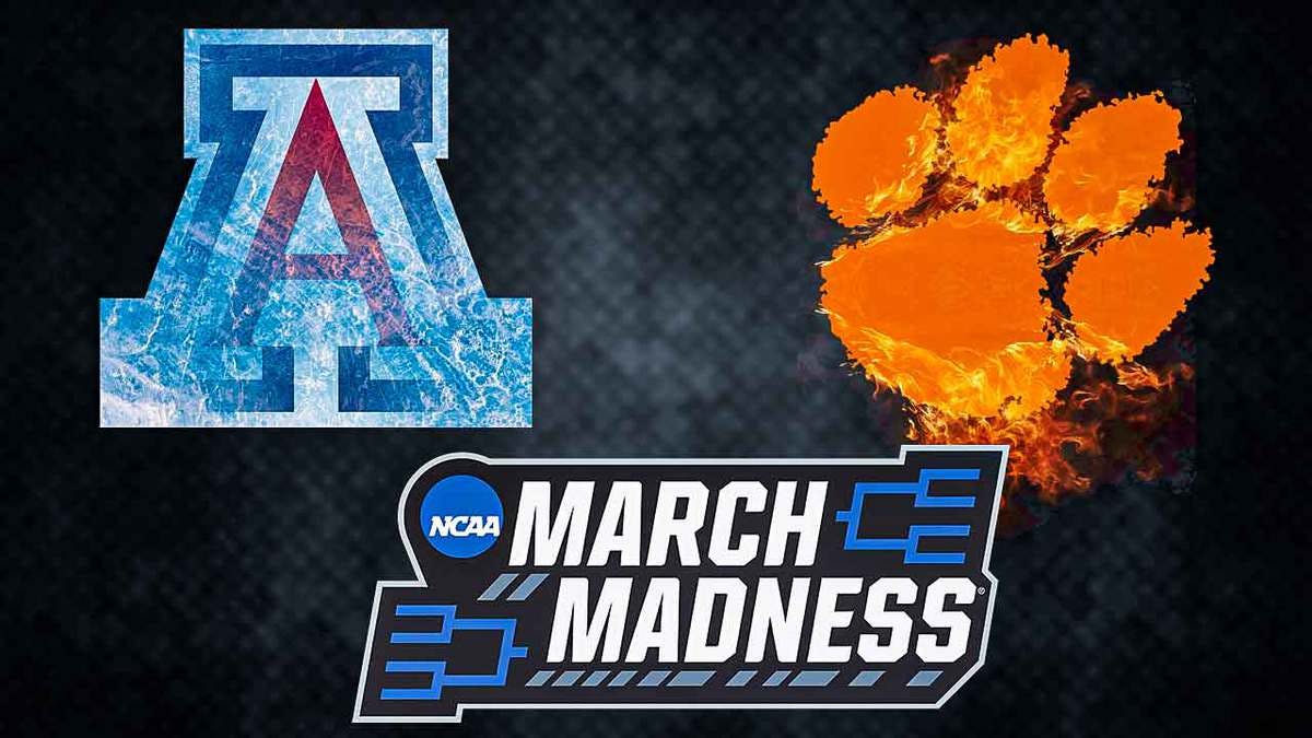 Tommy Lloyd, Caleb Love stand behind Arizona basketball and Clemson logos after March Madness loss