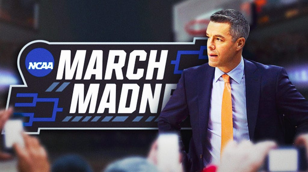 Virginia basketball, Cavaliers, Tony Bennett, Colorado State basketball, Rams, Tony Bennett looking upset and March Madness logo with Virginia basketball arena in the background