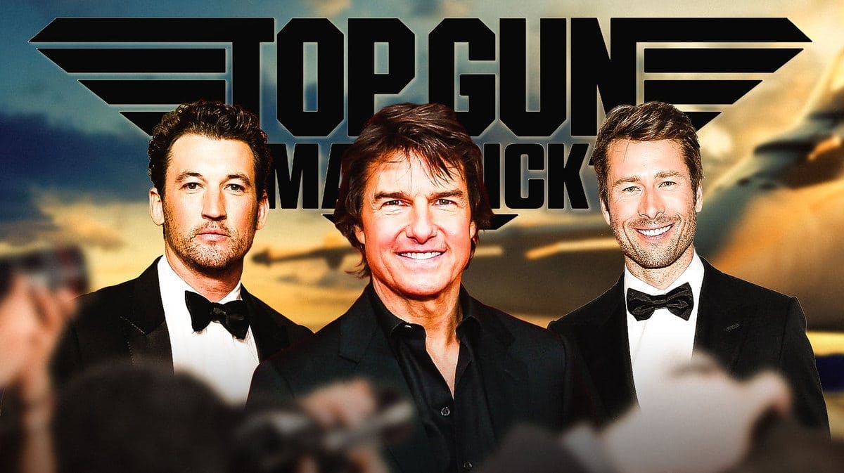 Miles Teller, Tom Cruise, and Glen Powell with Top Gun Maverick logo.