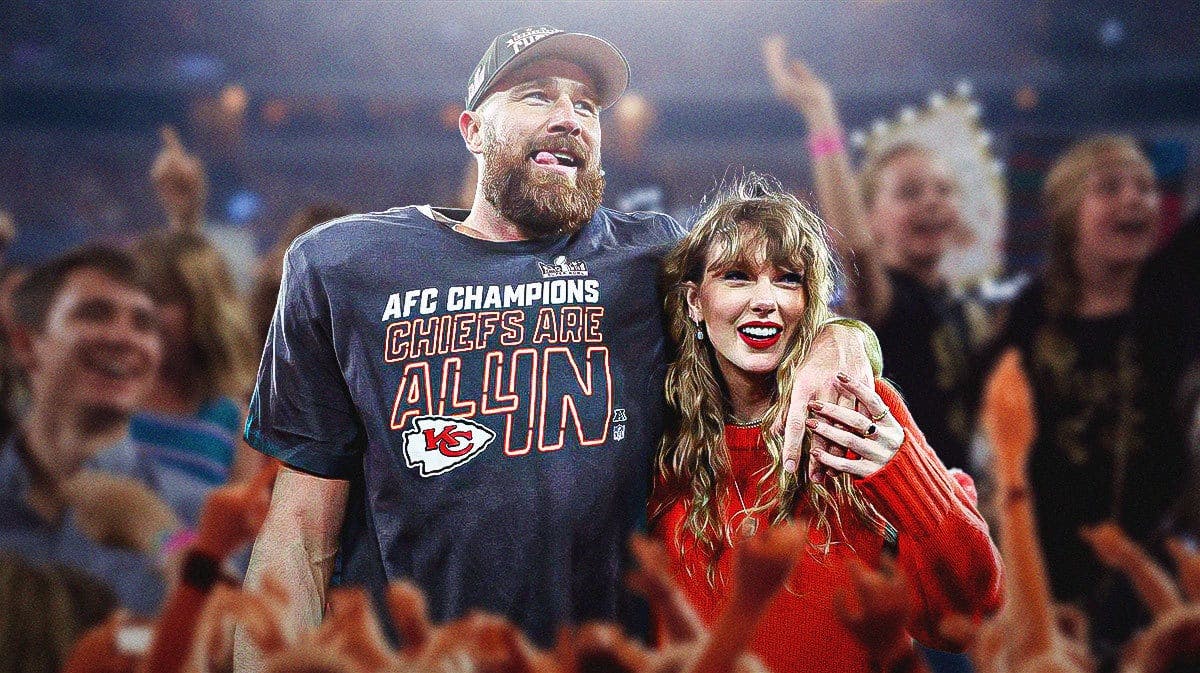 Travis Kelce and Taylor Swift with a crowd