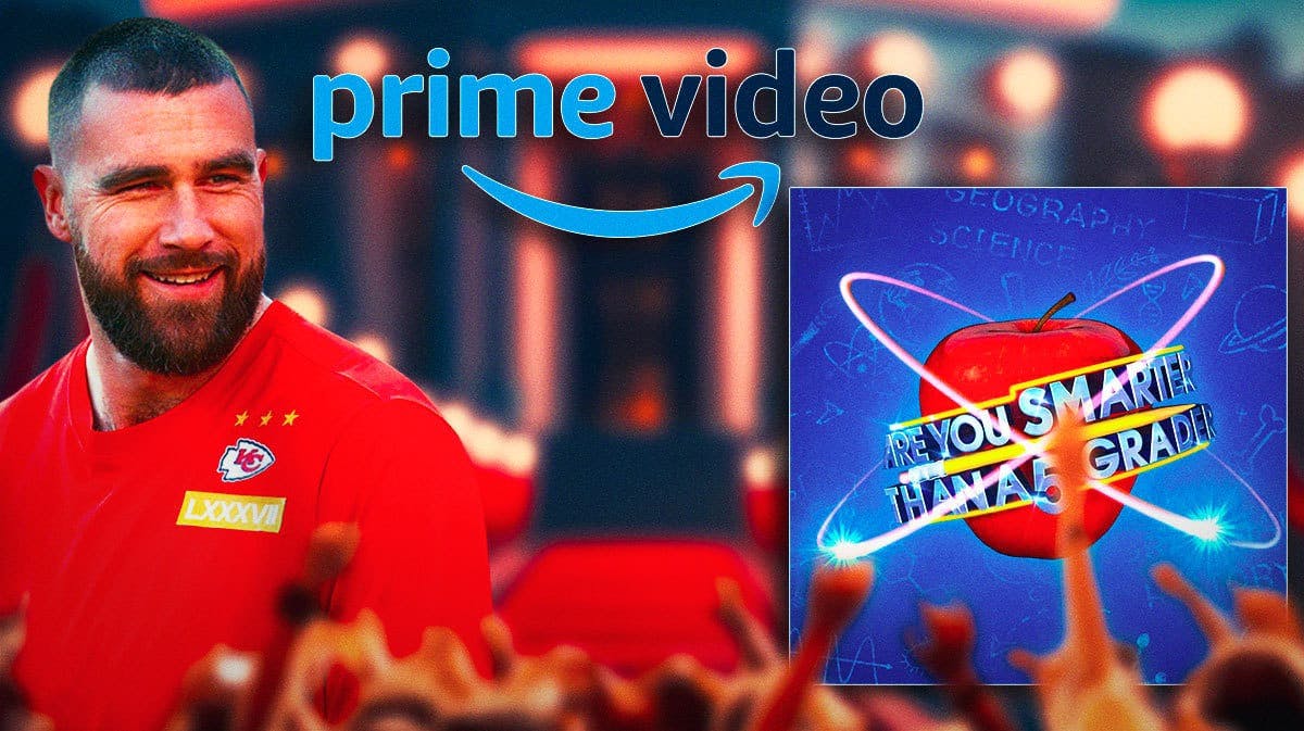 Travis Kelce, Amazon Prime Video logo and imagery from original “Are You Smarter Than a Fifth Grader?” show