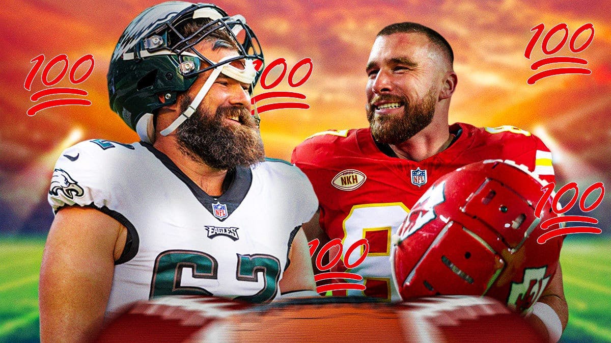 Travis Kelce and Jason Kelce with a bunch of the 100 emojis in the background. Eagles