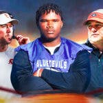 Defensive tackle Justus Terry with USC coach Lincoln Riley on one side, and Georgia coach Kirby Smart on the other