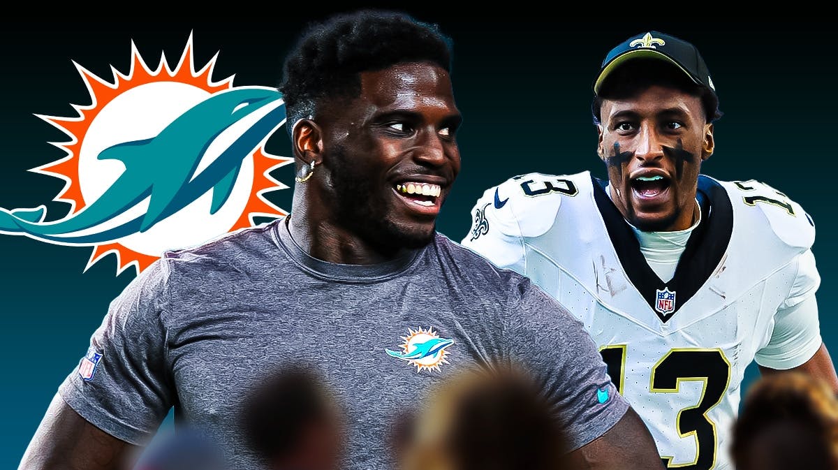 Dolphins' Tyreke Hill stands next to Saints' Michael Thomas in free agency