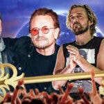 U2 members The Edge, Bono, Adam Clayton, and Bram van den Berg with key to Las Vegas strip and Sphere background.