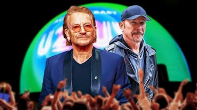 U2 Bono and The Edge with Las Vegas Sphere background.
