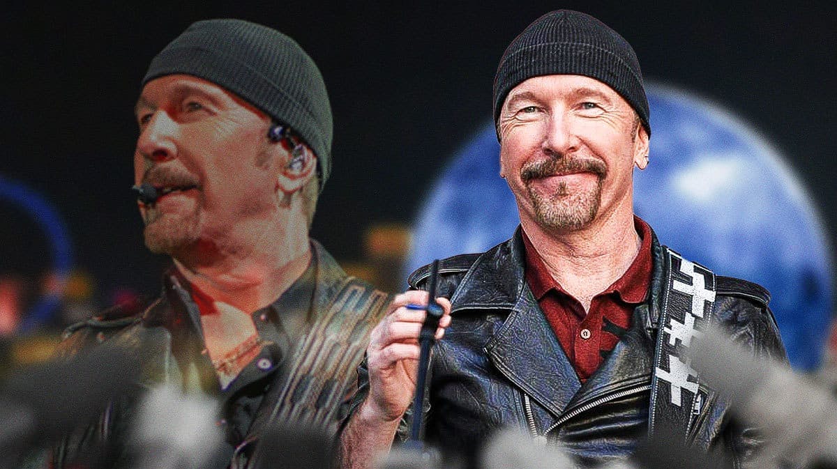 U2 guitarist The Edge with Sphere background.