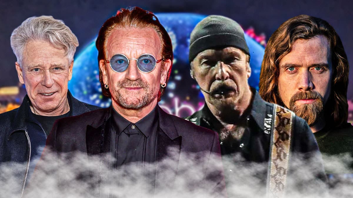 U2 members Adam Clayton, Bono, The Edge, and Bram van den Berg in front of Las Vegas Sphere.