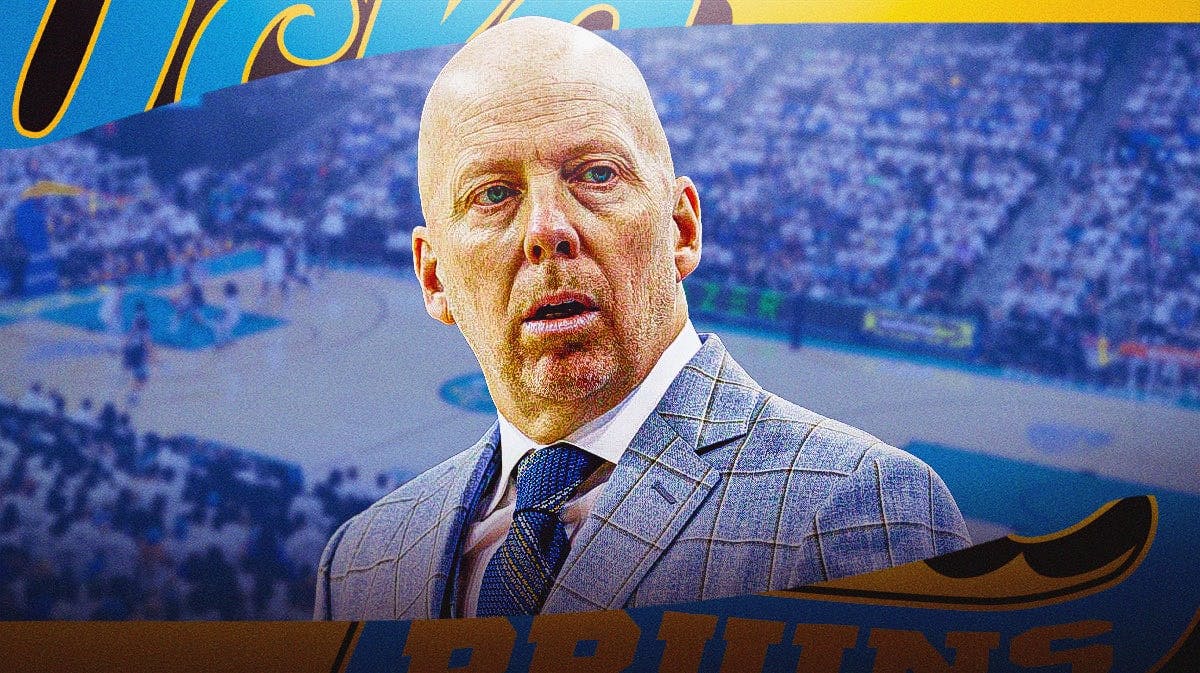 Mick Cronin with the UCLA Bruins arena in the background, roster