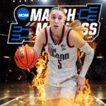 Huskies' Paige Bueckers on fire next to March Madness logo after Syracuse women's basketball win, Geno Auriemma stands out of sight