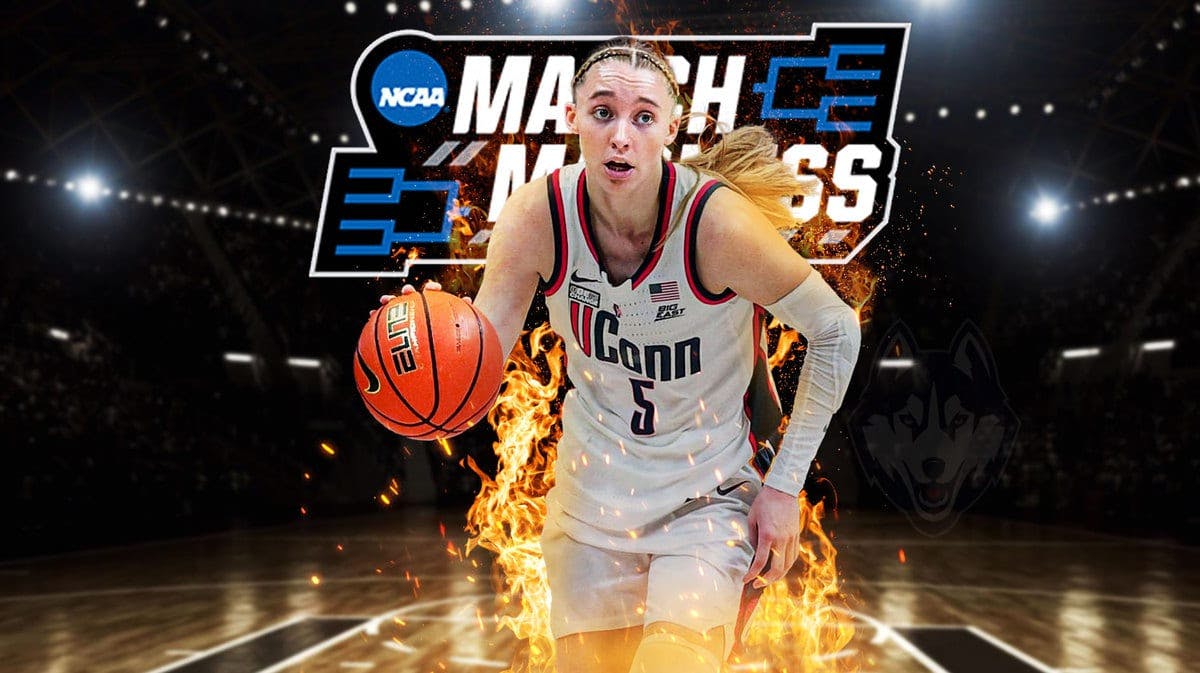 Huskies' Paige Bueckers on fire next to March Madness logo after Syracuse women's basketball win, Geno Auriemma stands out of sight