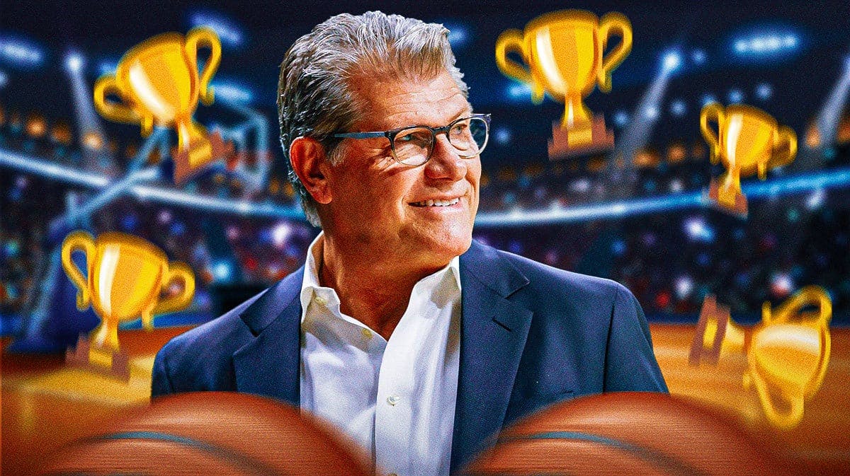 UConn women’s basketball coach Geno Auriemma, with a happy expression and trophy emojis