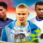 Jude Bellingham, Erling Haaland, Kylian Mbappe in front of the Champions league trophy