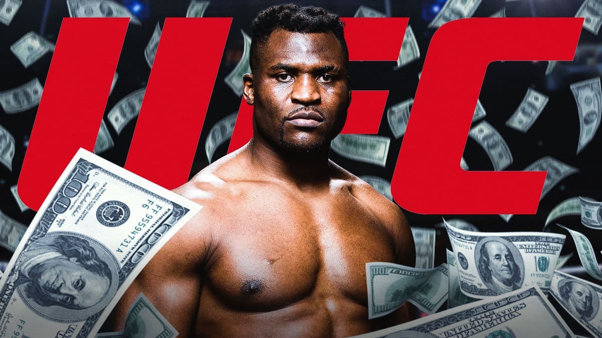 Francis Ngannou in front of the UFC logo, money falling from the air around him