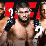 Khabib Nurmagomedov, Daniel Cormier, Urijah Faber in front of the UFC logo, questionmarks in the air
