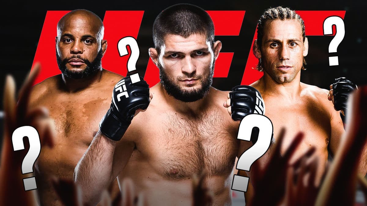 Khabib Nurmagomedov, Daniel Cormier, Urijah Faber in front of the UFC logo, questionmarks in the air