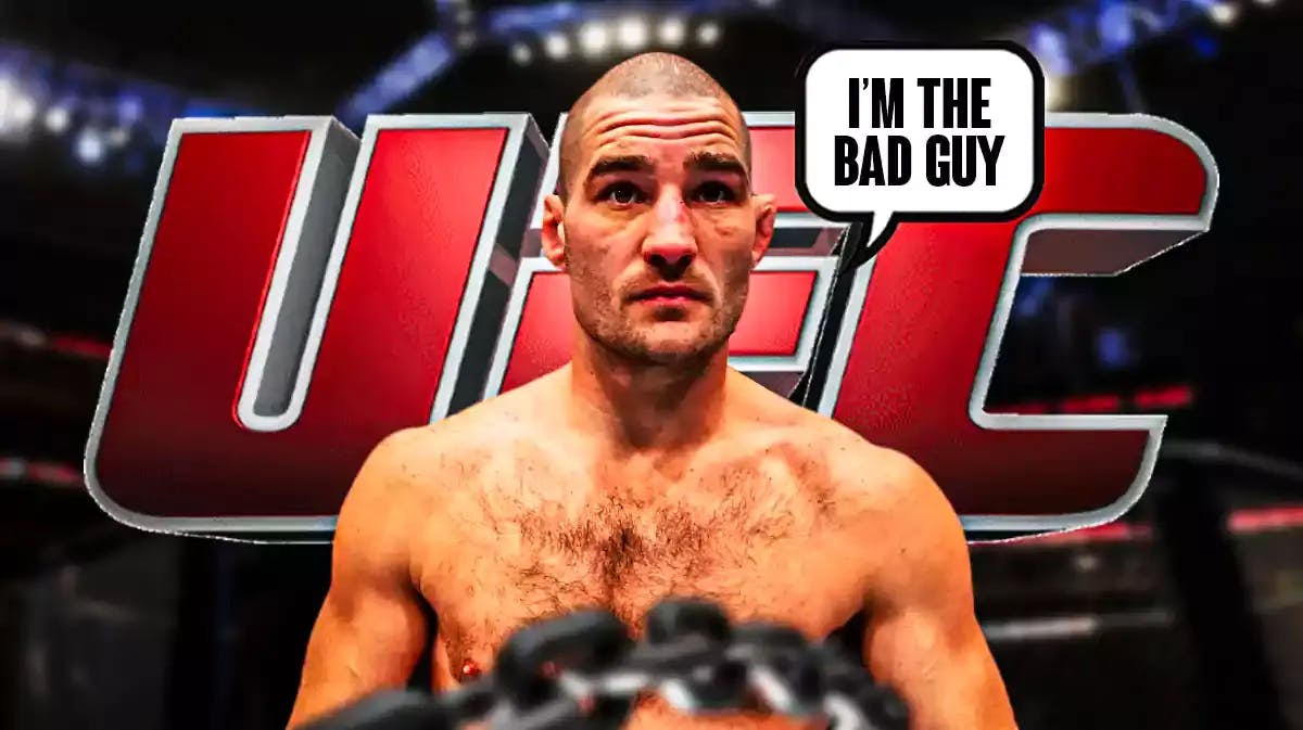 Sean Strickland saying: ‘I’m the bad guy’ in front of the UFC logo
