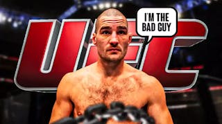 Sean Strickland saying: ‘I’m the bad guy’ in front of the UFC logo