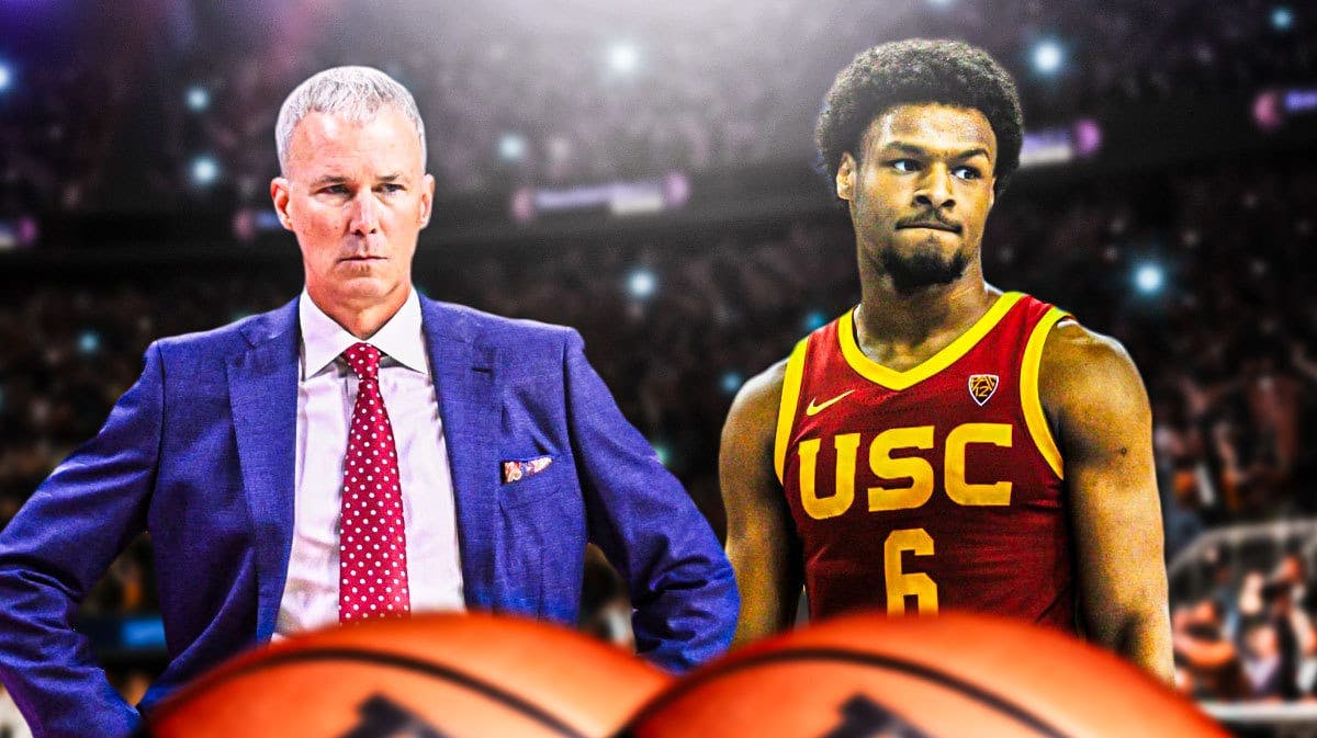 USC basketball head coach Andy Enfield and star Bronny James in front of the Galen Center.