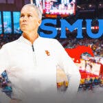 Andy Enfield with the SMU logo in the background, USC