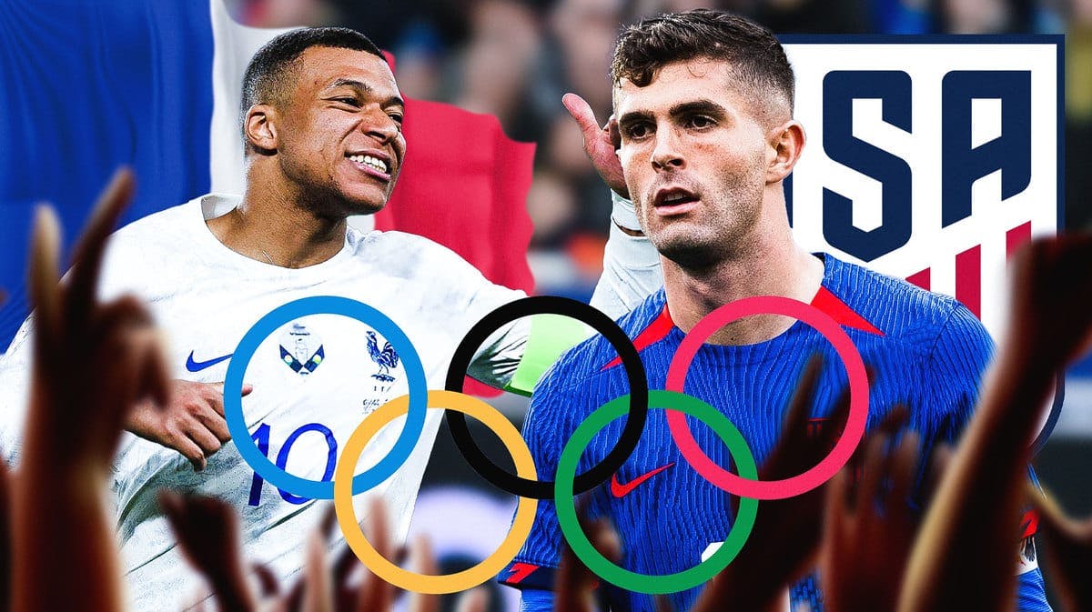 Christian Pulisic in front of the USMNT logo, Kylian Mbappe in front of the French flag, the Olympic rings in the middle