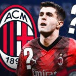 Christian Pulisic in front of the AC Milan logo, questionmarks in the air