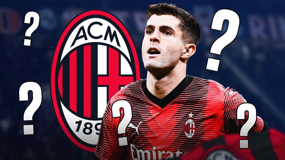 Christian Pulisic in front of the AC Milan logo, questionmarks in the air
