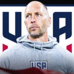 Gregg Berhalter in front of the USMNT logo, questionmarks in the air
