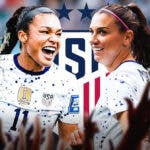 Alex Morgan and Sophia Smith celebrating in front of the USWNT logo, champagne bottles around them