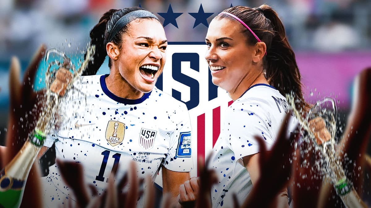 Alex Morgan and Sophia Smith celebrating in front of the USWNT logo, champagne bottles around them