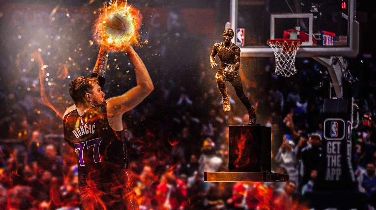 Mavericks' Luka Doncic shooting a basketball with fire coming off the ball on left. On right, place the NBA MVP trophy.