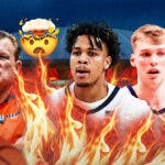Illinois basketball coach Brad Underwood with a mind-blown emoji over him next to Terrence Shannon Jr. and Marcus Domask, Former Illinois stars Deron Williams and Dee Brown in background