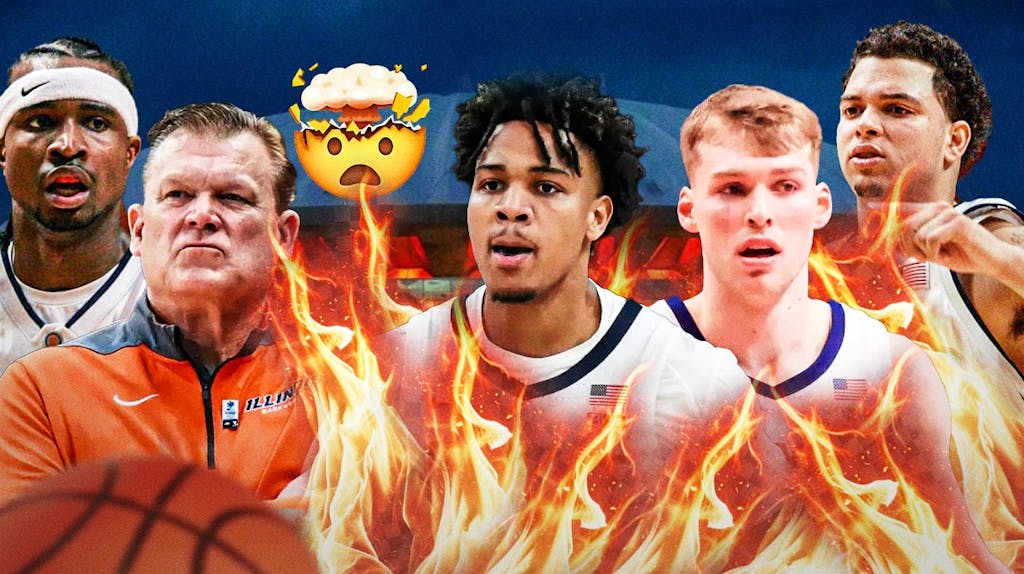 Illinois basketball coach Brad Underwood with a mind-blown emoji over him next to Terrence Shannon Jr. and Marcus Domask, Former Illinois stars Deron Williams and Dee Brown in background