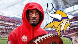 L'Jarius Sneed next to the Minnesota Vikings logo