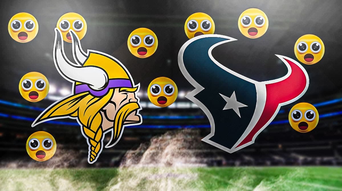 The Vikings and Texans logos with a bunch of shocked emojis in the background