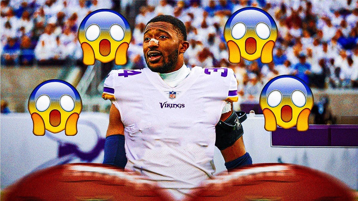 Jonathan Greenard in a Minnesota Vikings jersey with a bunch of shocked emojis in the background