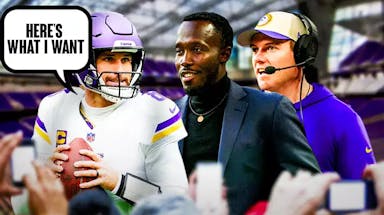 Kirk Cousins on one side with a speech bubble that says “Here’s what I want”, Kwesi Adofo-Mensah and Kevin O’Connell on the other side