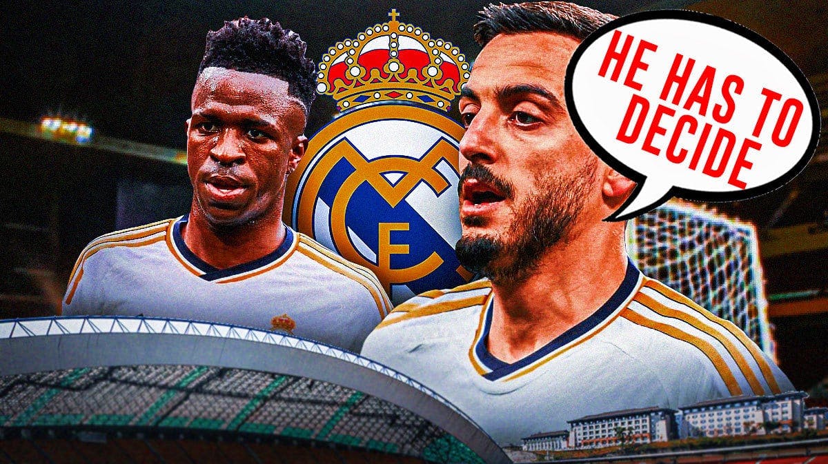 Joselu saying: ‘He has to decide’ next to Vinicius Jr., the Real Madrid logo behind them